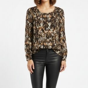 Anne Klein Animal Snake Print Satin Blouse Top Long Sleeve Pleated Brown Small